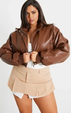 Plus Brown Faux Leather Pocket Detail Ruched Hem Bomber Jacket