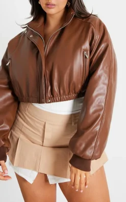 Plus Brown Faux Leather Pocket Detail Ruched Hem Bomber Jacket