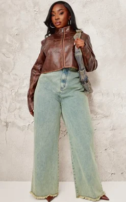 Plus Brown Faux Leather Studded Cropped Jacket