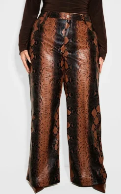 Plus Brown Faux Leather Snake Print Wide Leg Pants