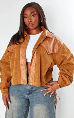 Plus Brown Faux Suede Western Panel Detail Oversized Jacket