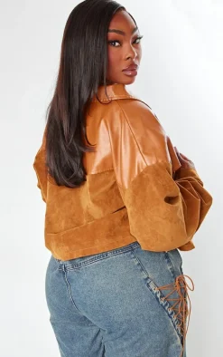 Plus Brown Faux Suede Western Panel Detail Oversized Jacket