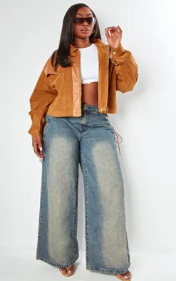 Plus Brown Faux Suede Western Panel Detail Oversized Jacket