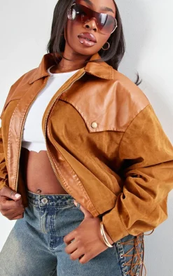 Plus Brown Faux Suede Western Panel Detail Oversized Jacket