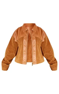 Plus Brown Faux Suede Western Panel Detail Oversized Jacket