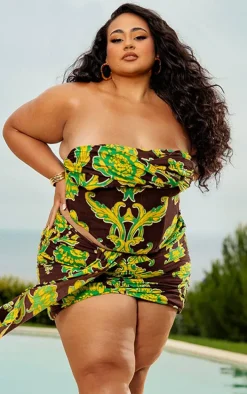 Plus Brown Floral Boning Dipped Hem Corset Top