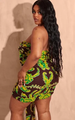 Plus Brown Floral Boning Dipped Hem Corset Top