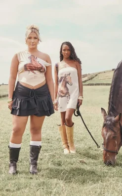 Plus Brown Horse Printed Slinky Asymmetrical Crop Top