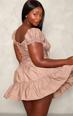 Plus Brown Lace Up Frilled Bardot Shift Dress