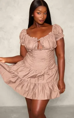 Plus Brown Lace Up Frilled Bardot Shift Dress