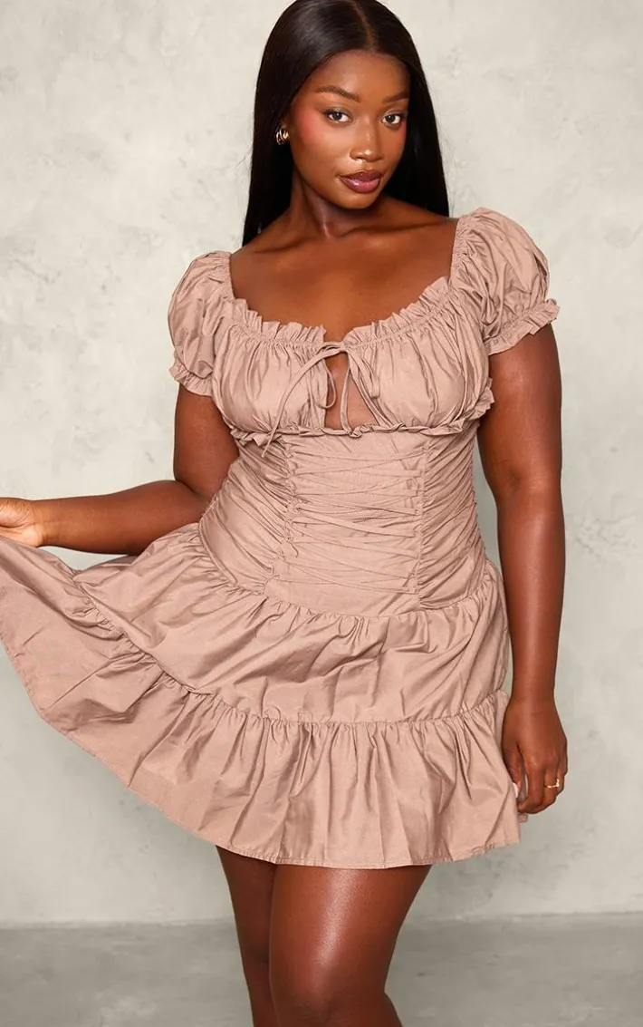 Plus Brown Lace Up Frilled Bardot Shift Dress