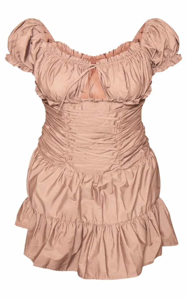 Plus Brown Lace Up Frilled Bardot Shift Dress