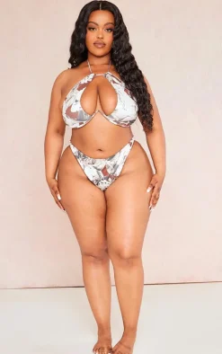 Plus Brown Leaf Print Bikini Bottoms