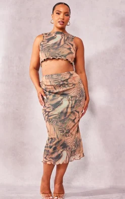 Plus Brown Leopard Lettuce Hem Mesh Midi Skirt
