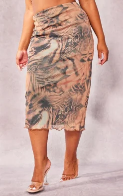 Plus Brown Leopard Lettuce Hem Mesh Midi Skirt