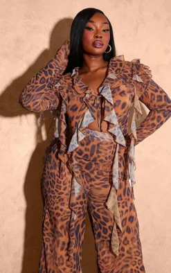 Plus Brown Leopard Print Chiffon Frill Tie Split Sleeve Crop Top