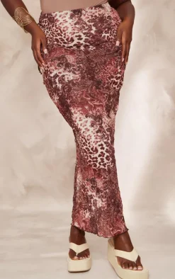 Plus Brown Leopard Print Crinkle Maxi Skirt