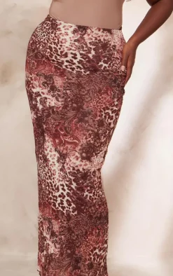 Plus Brown Leopard Print Crinkle Maxi Skirt