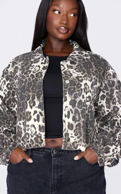Plus Brown Leopard Print Cropped Boxy Bomber Jacket
