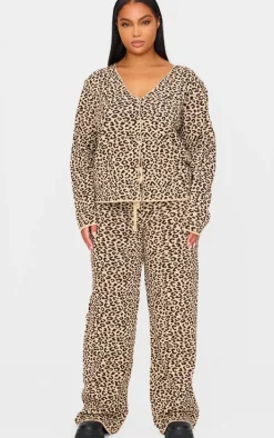 Plus Brown Leopard Print Knitted Wide Leg Pants