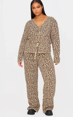 Plus Brown Leopard Print V Neck Knitted Button Up Cardigan