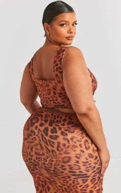 Plus Brown Leopard Printed Dipped Hem Corset Top