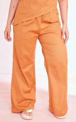 Plus Brown Linen Look Elasticated Waist Pants