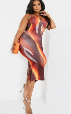 Plus Brown Ombre Stripe Cup Detail Midi Dress