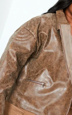 Plus Brown Oversized Faux Leather Distressed Look Biker Jacket