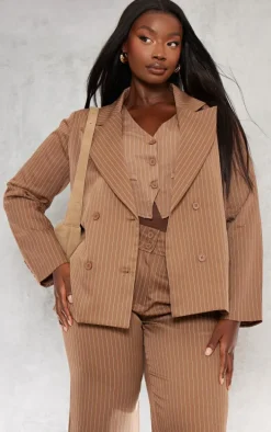 Plus Brown Oversized Stripe Tailored Blazer