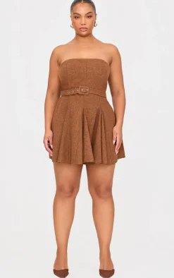 Plus Brown Pleated Bandeau Belted Mini Dress