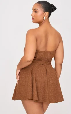 Plus Brown Pleated Bandeau Belted Mini Dress