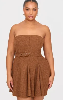 Plus Brown Pleated Bandeau Belted Mini Dress