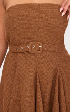 Plus Brown Pleated Bandeau Belted Mini Dress