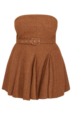 Plus Brown Pleated Bandeau Belted Mini Dress