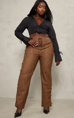 Plus Brown Premium Washed Faux Leather Lace Up Side Low Rise Pants