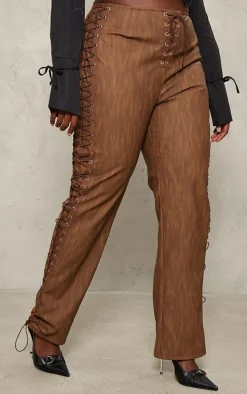 Plus Brown Premium Washed Faux Leather Lace Up Side Low Rise Pants