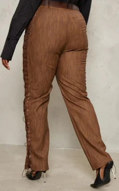 Plus Brown Premium Washed Faux Leather Lace Up Side Low Rise Pants