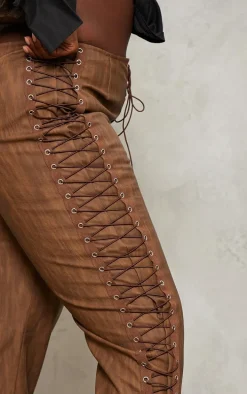 Plus Brown Premium Washed Faux Leather Lace Up Side Low Rise Pants
