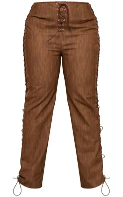 Plus Brown Premium Washed Faux Leather Lace Up Side Low Rise Pants