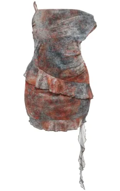 Plus Brown Print Asymmetric Neck Frill Detail Bodycon Dress