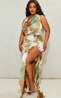 Plus Brown Printed Satin Cowl Neck Maxi Dress