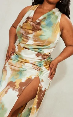 Plus Brown Printed Satin Cowl Neck Maxi Dress