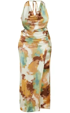 Plus Brown Printed Satin Cowl Neck Maxi Dress