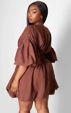 Plus Brown Puff Sleeve Puffball Hem Dress