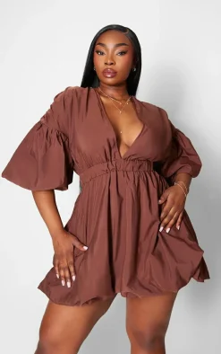 Plus Brown Puff Sleeve Puffball Hem Dress