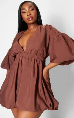 Plus Brown Puff Sleeve Puffball Hem Dress