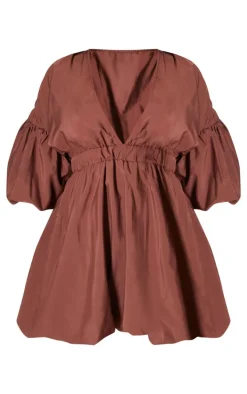 Plus Brown Puff Sleeve Puffball Hem Dress