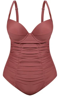 Plus Brown Ruched Cupped Swimsuit