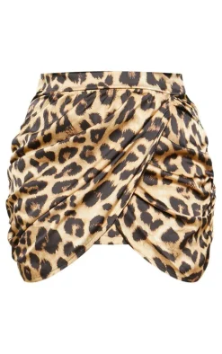 Plus Brown Satin Leopard Print Gathered Mini Skirt